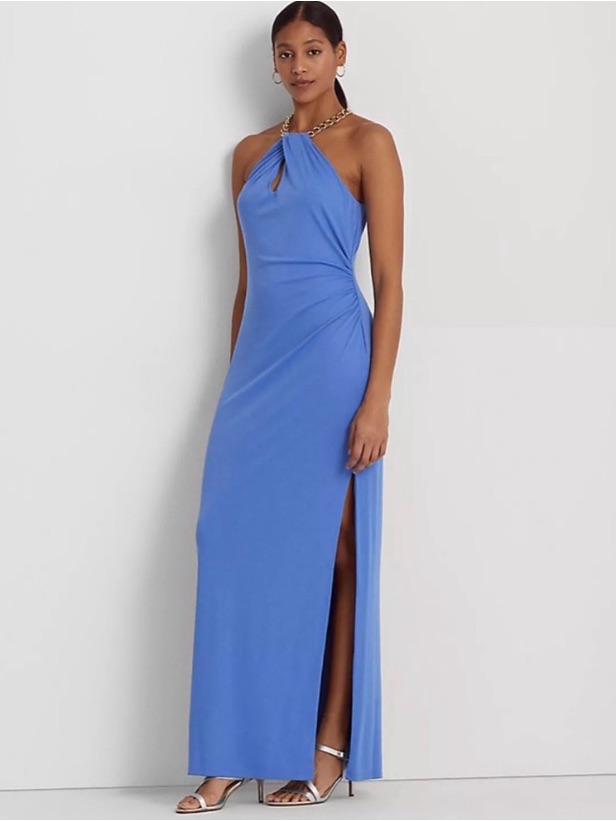 Lauren Ralph Lauren Jersey Halter Gown, Maxi Dress In Blue, Size 18 New W/Tag